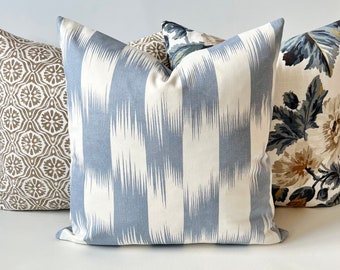 Chambray denim light blue and white checkered ikat decorative throw pillow cover