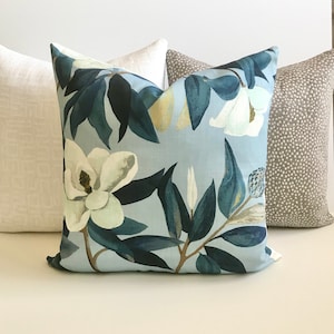 Light blue magnolia floral decorative throw pillow cover