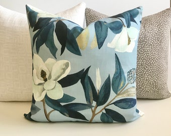 Light blue magnolia floral decorative throw pillow cover