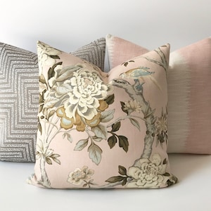 Blush pink and green bird floral decorative pillow cover