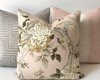 Blush pink and green bird floral decorative pillow cover