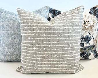 Gray beige natural zinc woven dot stripe decorative pillow cover, greige striped pillow cover