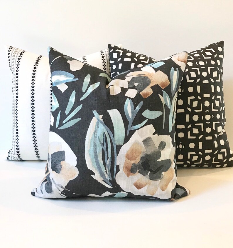 Modern Black Green Blue And Beige Floral Decorative Pillow Etsy