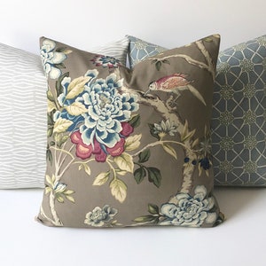 Tan, purple, pink, blue and green bird floral decorative pillow cover