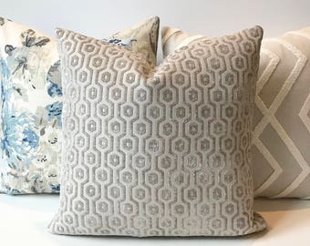 Light gray chenille geometric pillow, velvet dots decorative pillow cover