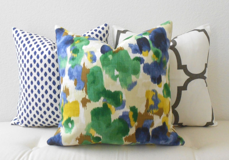 Blue, green and yellow watercolor floral decorative pillow cover, dwell landsmeer pillow image 2