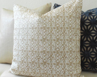 Metallic soft gold geometric trellis fretwork decorative pillow cover