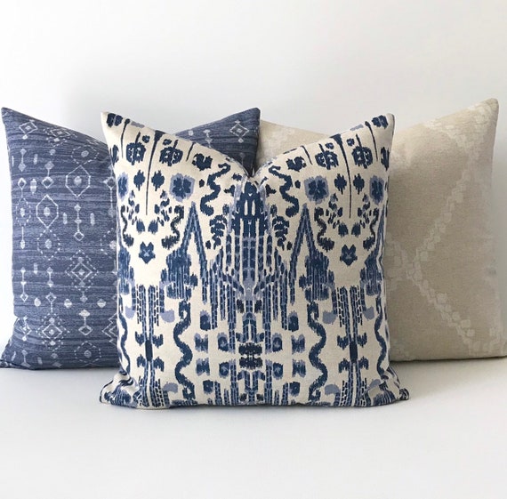 Oatmeal Ikat Decorative Pillow Cover 2 blue tan white Ikat pillow covers
