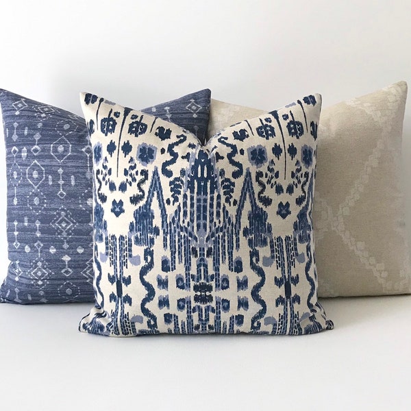 Navy, Blue and Oatmeal Ikat Decorative Pillow Cover