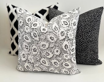 Gray and white block print floral decorative throw pillow cover