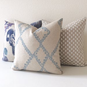 Light Blue and Oatmeal Tan Moroccan Geometric Diamond Ikat Decorative Pillow Cover image 1