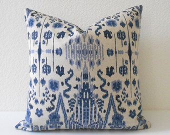 Double sided, Navy, Blue and Oatmeal Ikat Decorative Pillow Cover