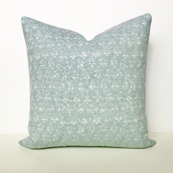 Light aqua blue green boho stamped floral decorative pillow cover