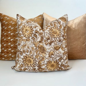 Gold and cognac brown floral decorative pillow cover image 1