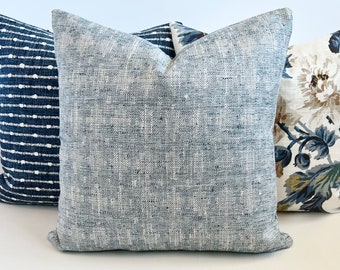 Blue denim textured woven geometric decorative throw pillow cover