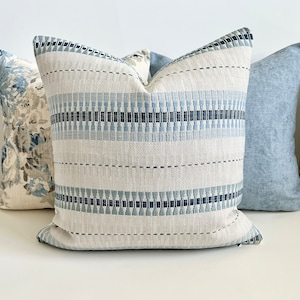 Light blue, navy and off white embroidered boho striped decorative pillow cover