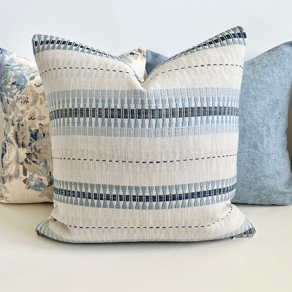 Light blue, navy and off white embroidered boho striped decorative pillow cover