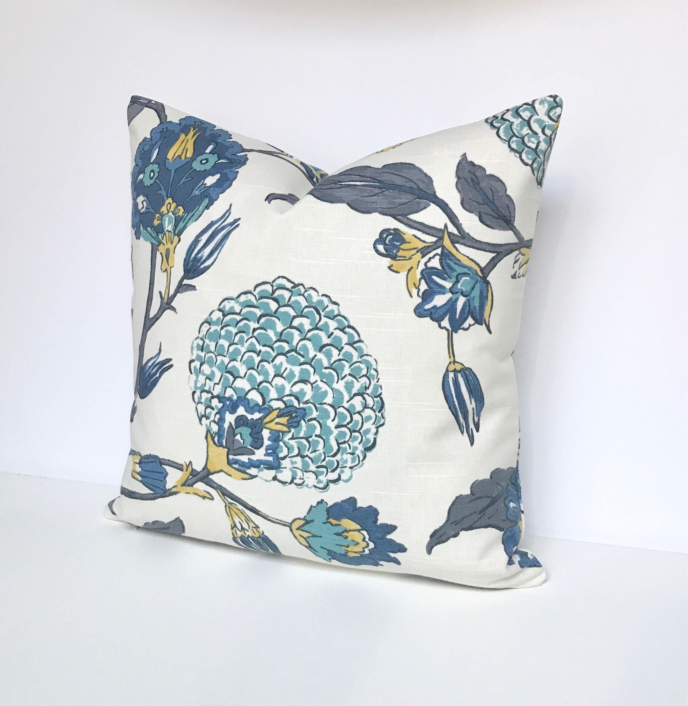 Modern Gray Teal Blue and Yellow Floral Decorative Pillow Etsy