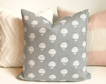Double sided Gray and White boho floral block print Decorative Pillow Cover