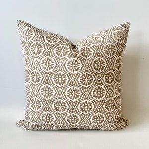 Taupe beige brown geometric floral trellis stamped tile decorative pillow cover image 2