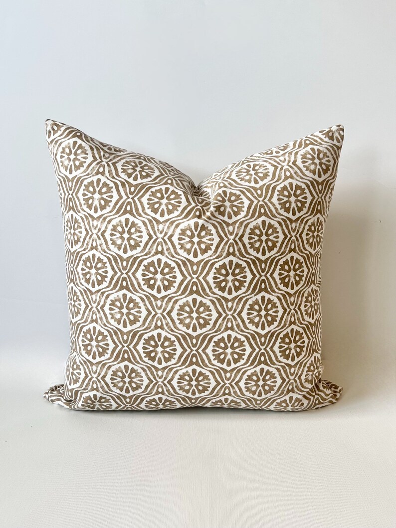 Taupe beige brown geometric floral trellis stamped tile decorative pillow cover image 2