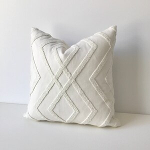 White embroidered geometric trellis decorative pillow cover image 2