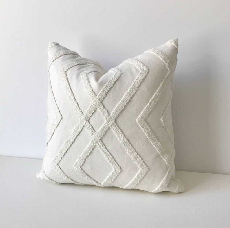 White embroidered geometric trellis decorative pillow cover image 2