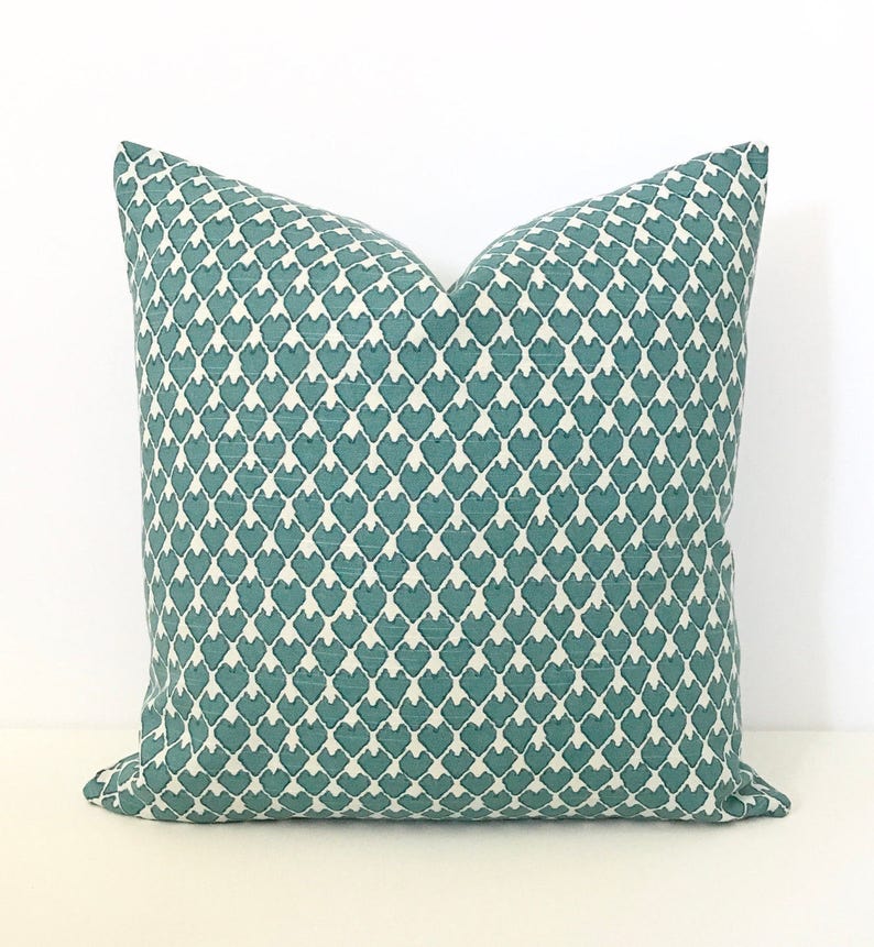 Double sided, Dark teal and cream heart arrow ikat geometric decorative pillow cover, accent pillow, throw pillow image 2