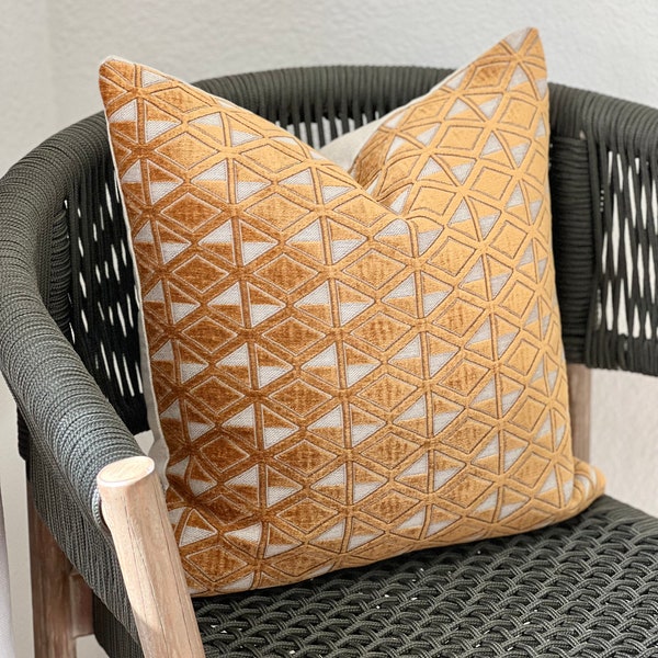 Golden cognac brown cut velvet geometric decorative pillow cover