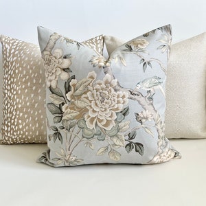 Light gray, beige and green bird floral decorative pillow cover