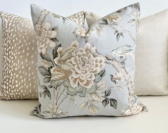Light gray, beige and green bird floral decorative pillow cover