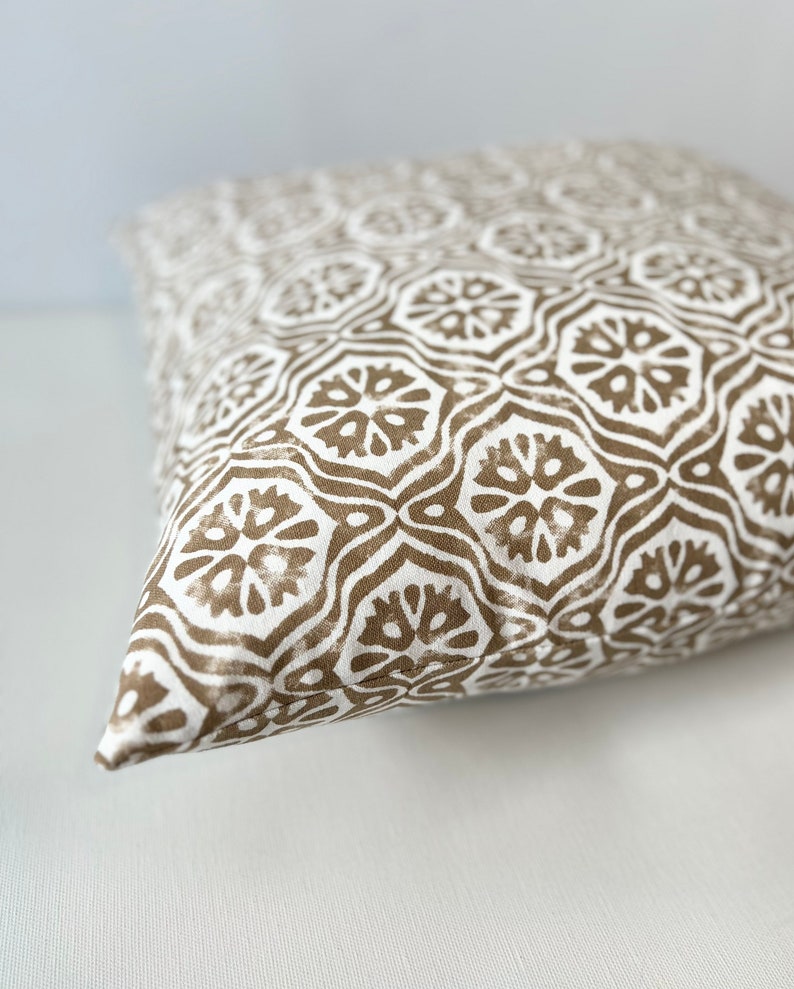 Taupe beige brown geometric floral trellis stamped tile decorative pillow cover image 3