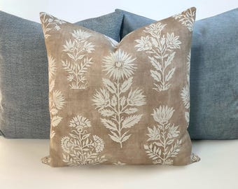 Beige and off white stamped floral decorative pillow cover