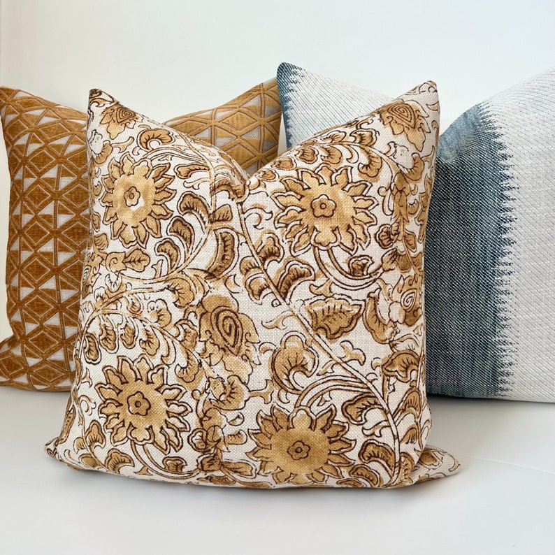 Gold and cognac brown floral decorative pillow cover image 2