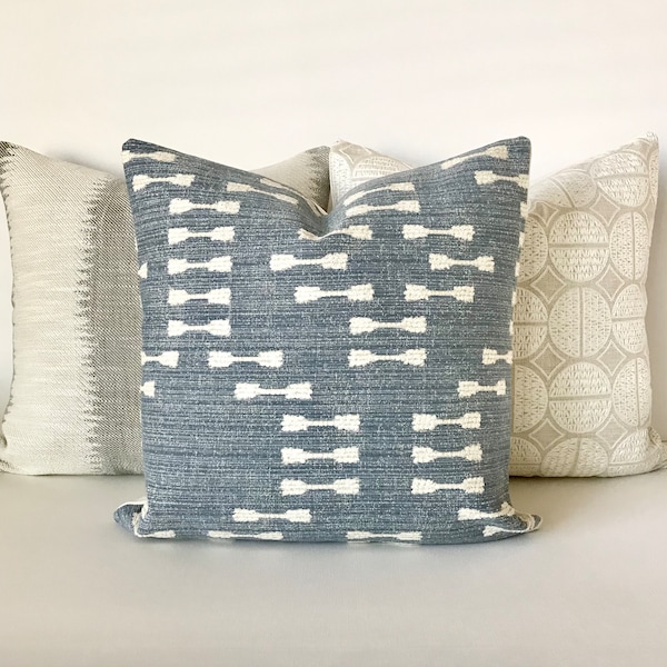 Blue and cream modern dash geometric boho decorative pillow cover