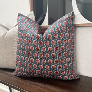 Teal green, pink and brown floral boho stamped decorative pillow cover
