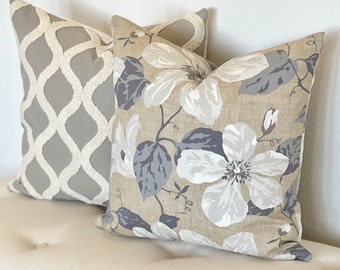 Beige, gray and white floral magnolia decorative pillow cover, double sided, cover only