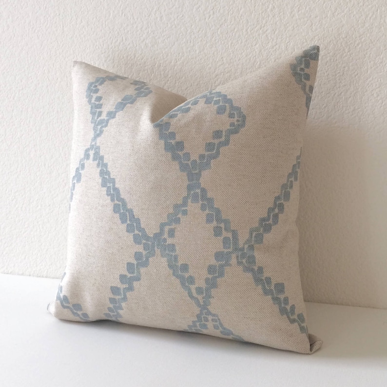 Light Blue and Oatmeal Tan Moroccan Geometric Diamond Ikat Decorative Pillow Cover image 2