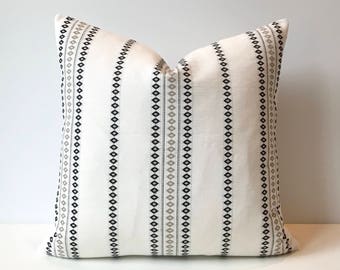 White and black boho embroidered striped decorative pillow cover