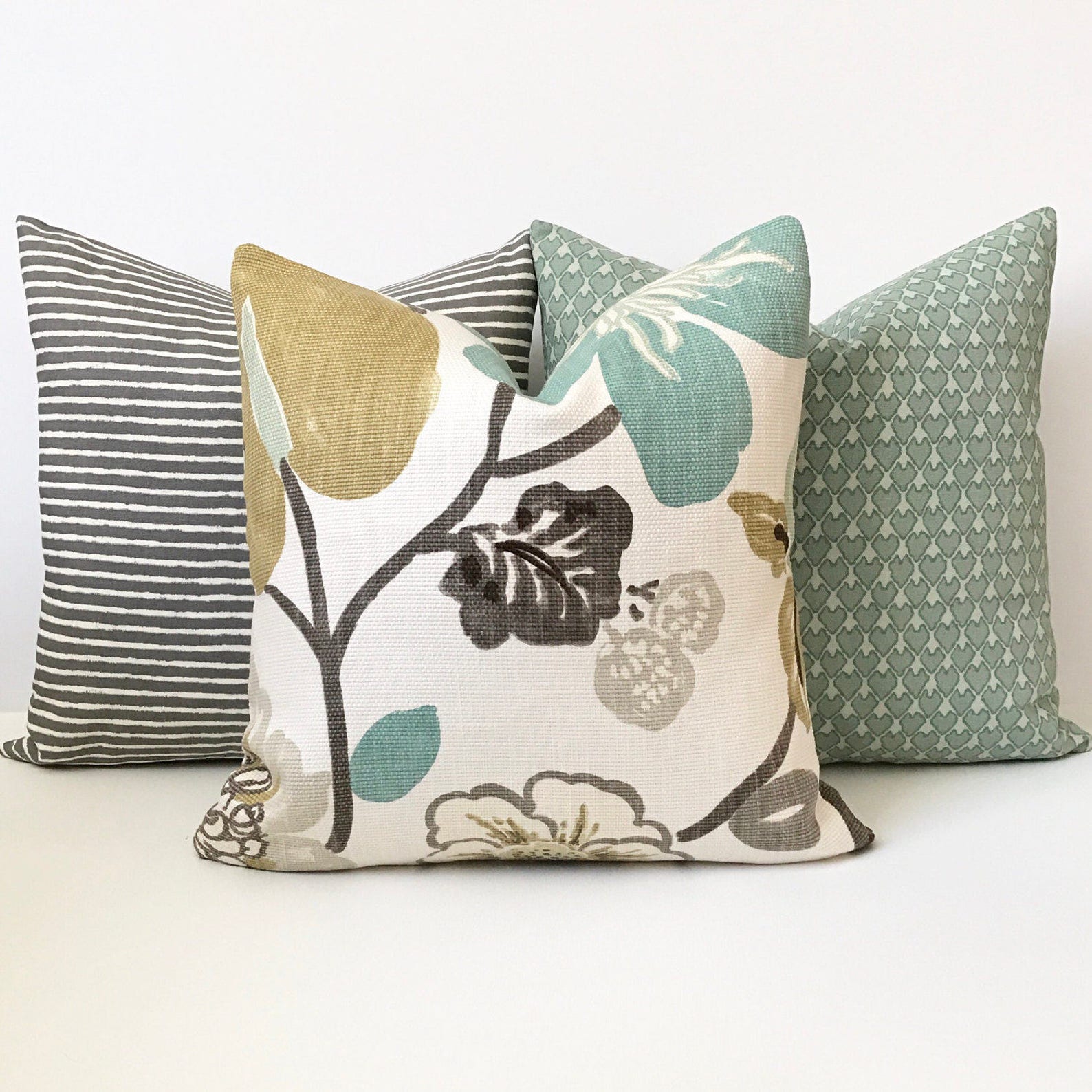 Green Aqua Brown and Gray Floral Decorative Pillow Cover Etsy