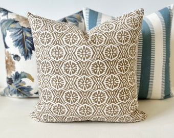 Taupe beige brown geometric floral trellis stamped tile decorative pillow cover