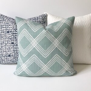 Light sage green and white modern sketch trellis geometric diamond print decorative pillow cover image 1