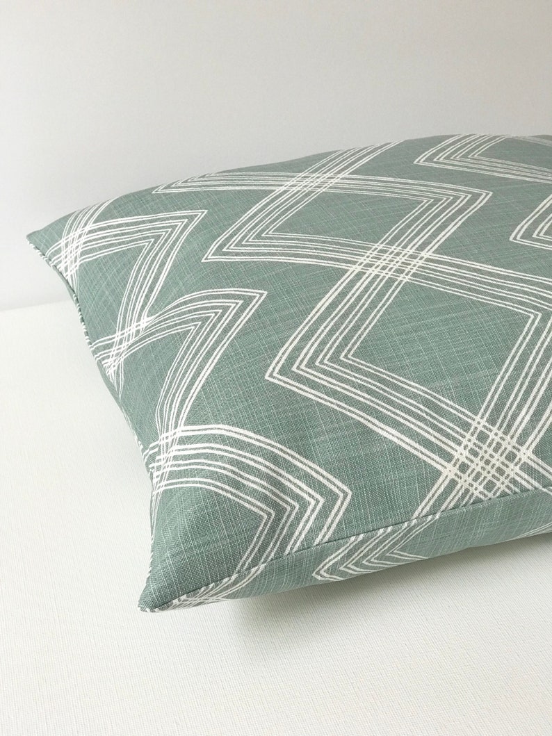 Light sage green and white modern sketch trellis geometric diamond print decorative pillow cover image 4