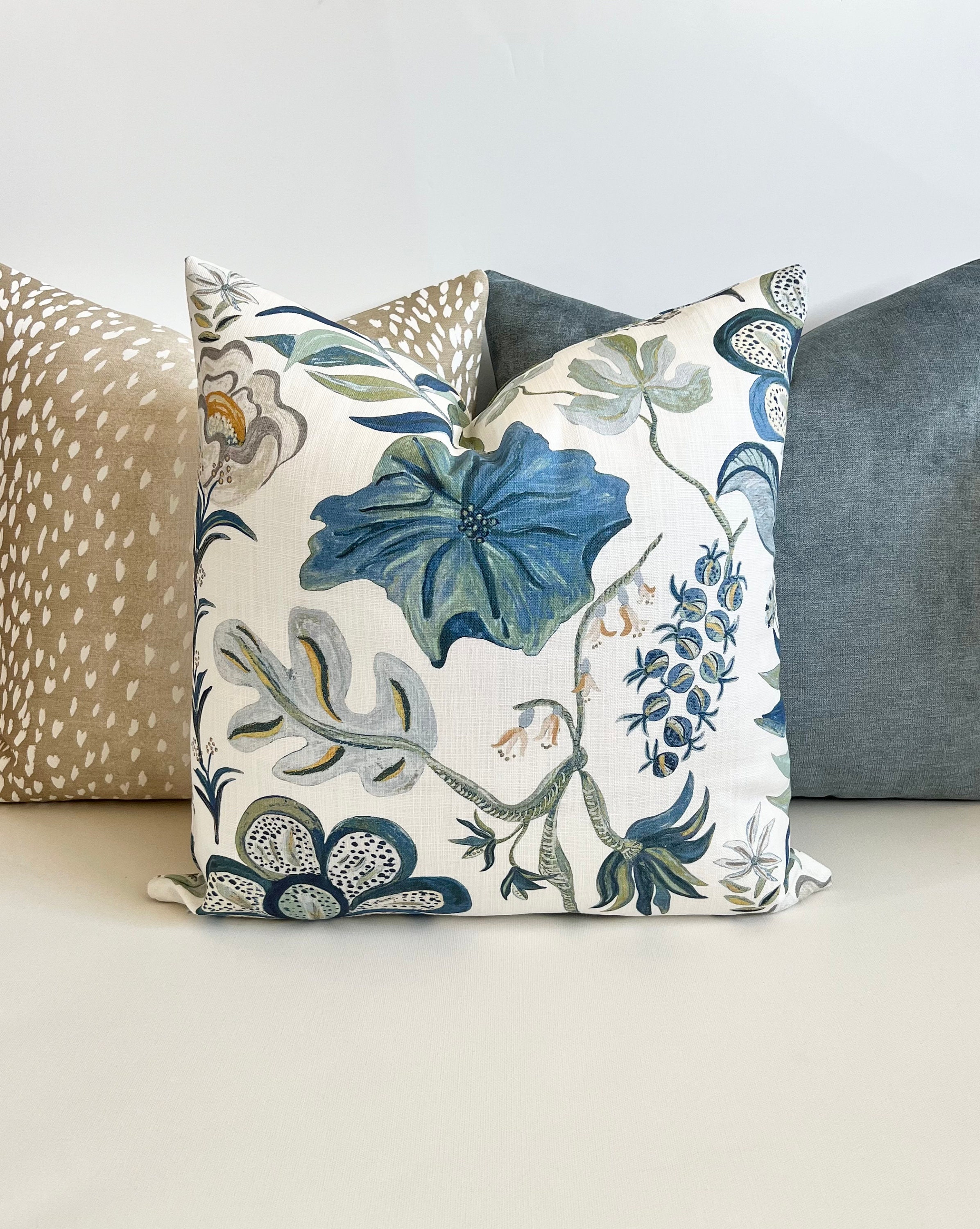 Blue, navy, gray, green, citron watercolor floral decorative pillow cover