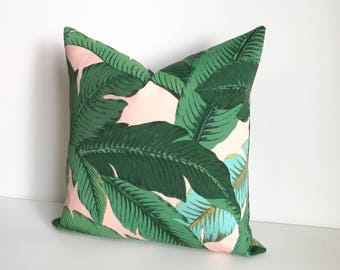 Green and pink palm leaf decorative pillow cover, tropical indoor/outdoor pillow cover
