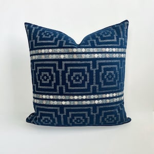 Navy indigo blue embroidered geometric boho Decorative Pillow Cover