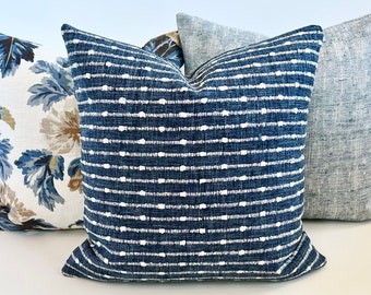 Navy blue woven dot stripe decorative pillow cover