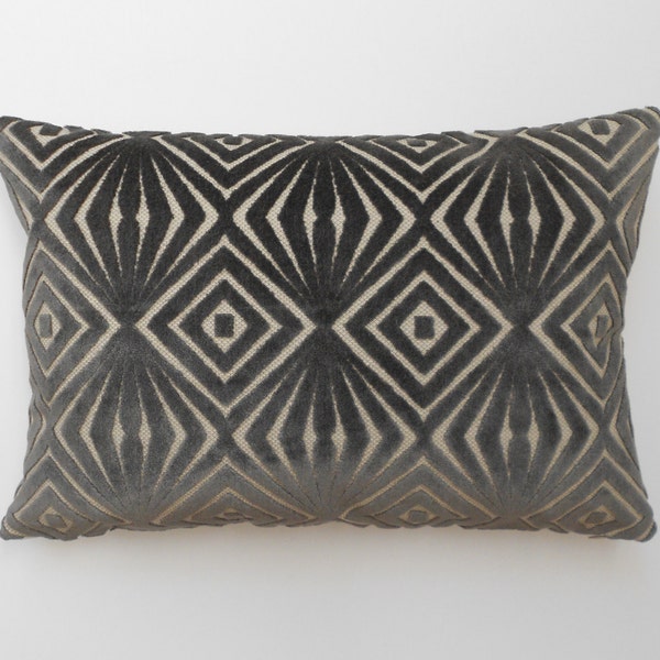 Grey velvet decorative pillow cover, cut velvet geometric lumbar throw pillow
