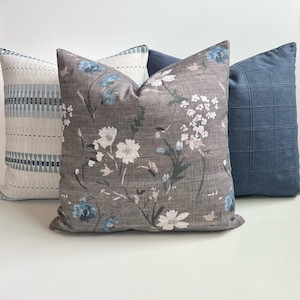 Dark charcoal gray and blue floral pillow cover