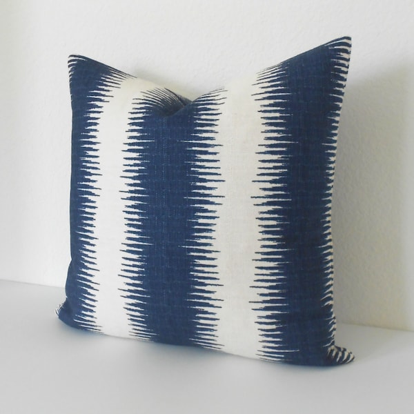 Navy blue ikat stripe decorative throw pillow cover, blue boho striped pillow